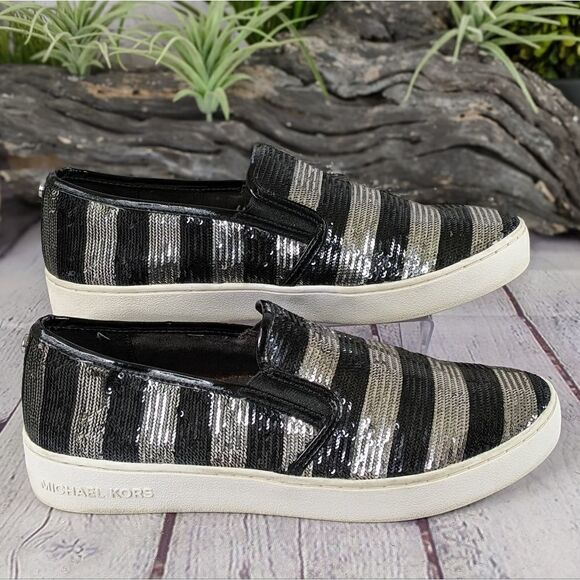 MICHAEL KORS Keaton Striped Sequin Slip-On, Black/Silvertone - Picture 4 of 9